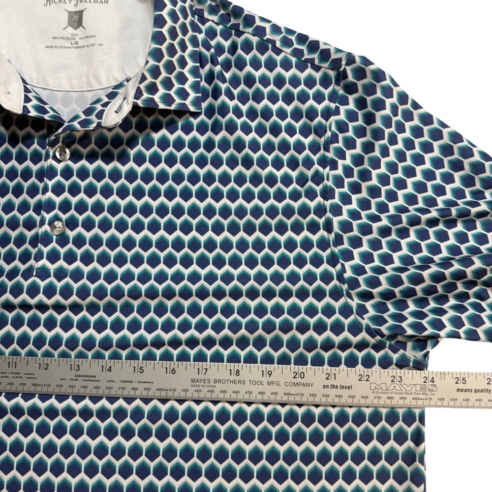 Hickey Freeman Golf Polo Mens Large Blue Geometric Honeycomb Excellent Stretch - Picture 6 of 10